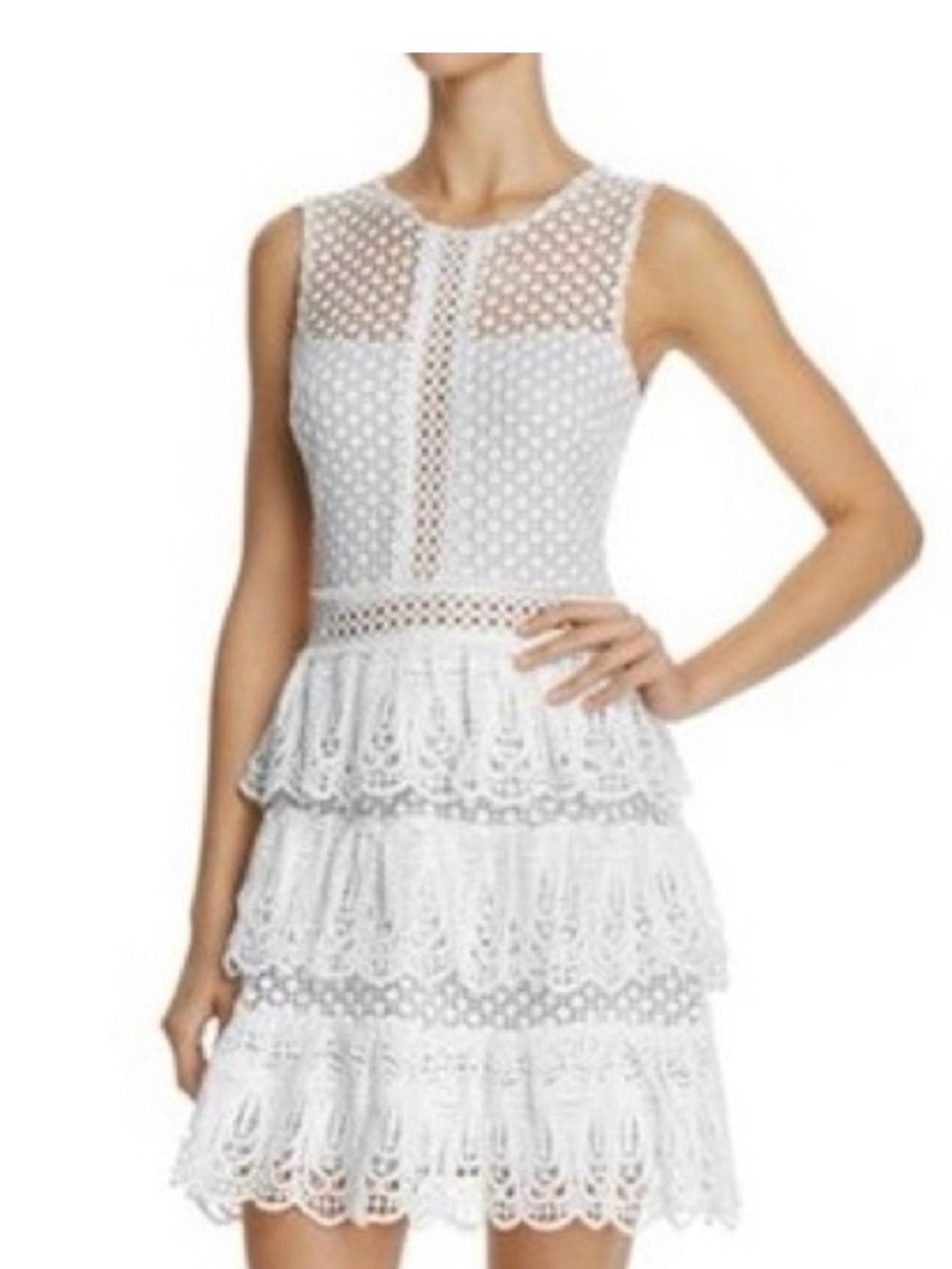 Aqua White Crochet Lace Tiered Mini Dress
